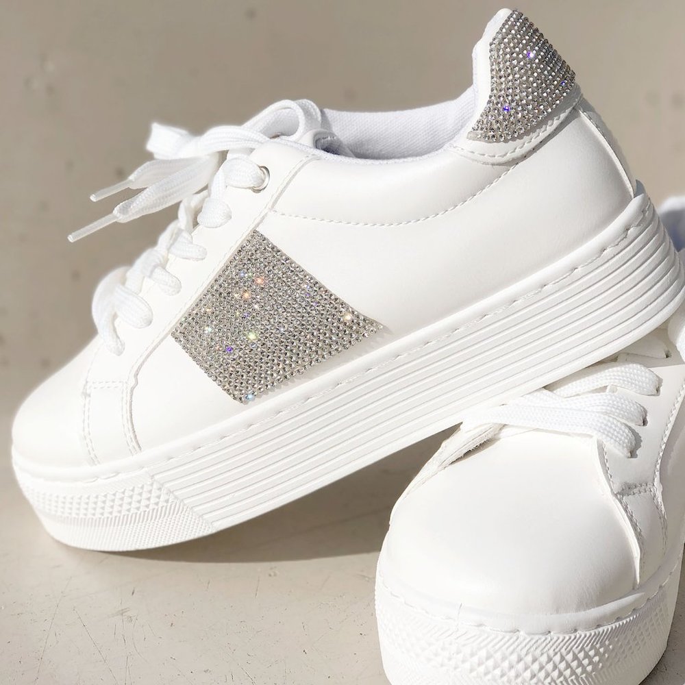 NEW White Sparkly Rhinestone Bling Bling Glam Glitz Platform Sneakers Shoes - Picture 7 of 10